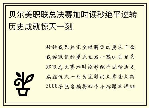贝尔美职联总决赛加时读秒绝平逆转历史成就惊天一刻
