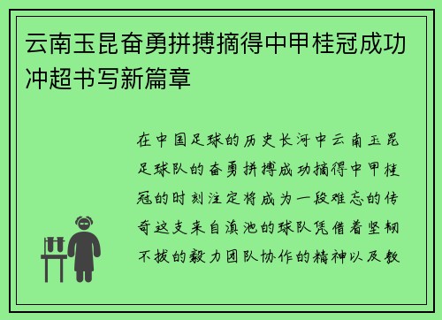 云南玉昆奋勇拼搏摘得中甲桂冠成功冲超书写新篇章